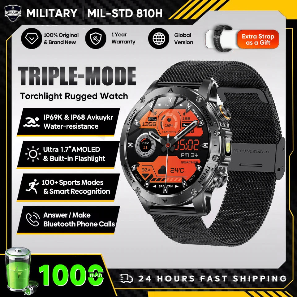 2025 New Military T-Rex 3 Ultra 1000Mah Battery Smart Watch 5ATM Waterproof Flashlight Heart Rate Sports Tracker Smartwatch Men
