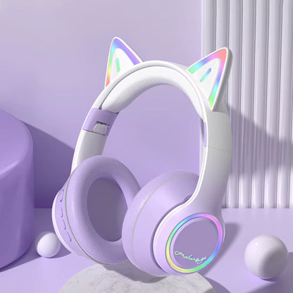 RGB Cat Ear Bluetooth Headphones for Girls Gradient Wireless Headphones with Microphone Stereo Music Game Earphones Kids Gifts
