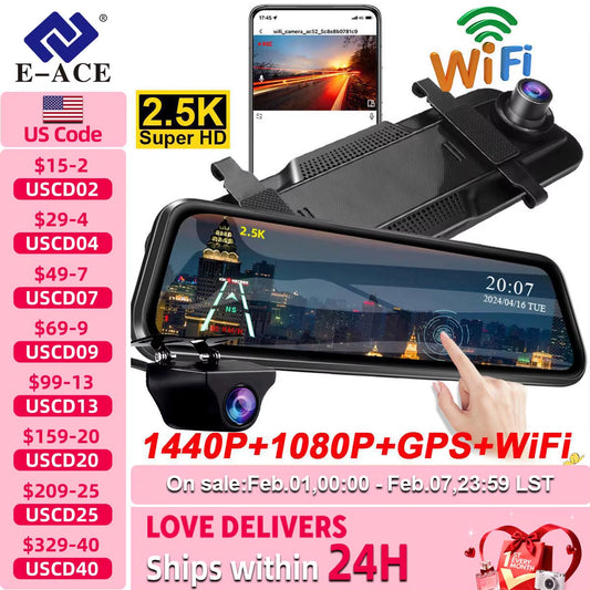 2.5K Mirror Camera for Car Touch Screen Video Recorder Rearview Mirror Dashcam 1440P GPS Wifi 24H Parking DVR Black Box