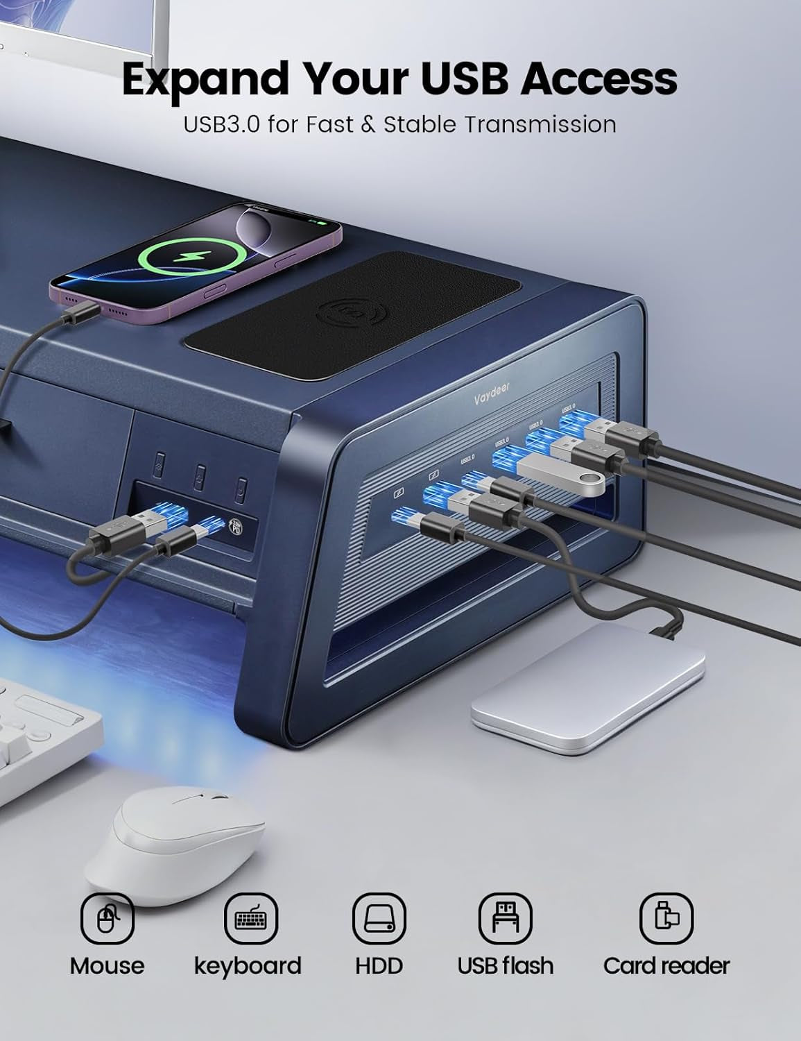 All-In-One Dual Monitor Stand Riser with 2 Drawers, 8 USB Ports (4 Fast Charging, 4 for Data Transfer), Wireless Charging Pad and LED Light Strip, Desk Organizer for Pc/Imac (Metal, 39.3 Inches)