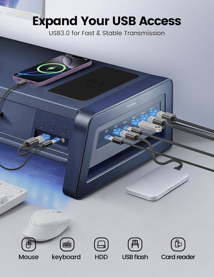 All-In-One Dual Monitor Stand Riser with 2 Drawers, 8 USB Ports (4 Fast Charging, 4 for Data Transfer), Wireless Charging Pad and LED Light Strip, Desk Organizer for Pc/Imac (Metal, 39.3 Inches)