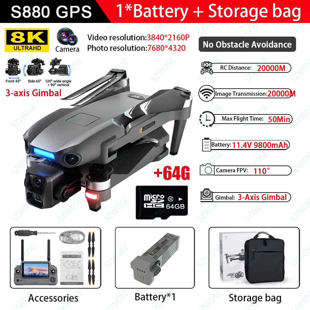 S880 Max Fishing GPS Drone 8K Dual Camera 5G Wifi FPV 3-Axis Gimbal Professional Obstacle Avoidance Quadcopter Airdrop RC Dron