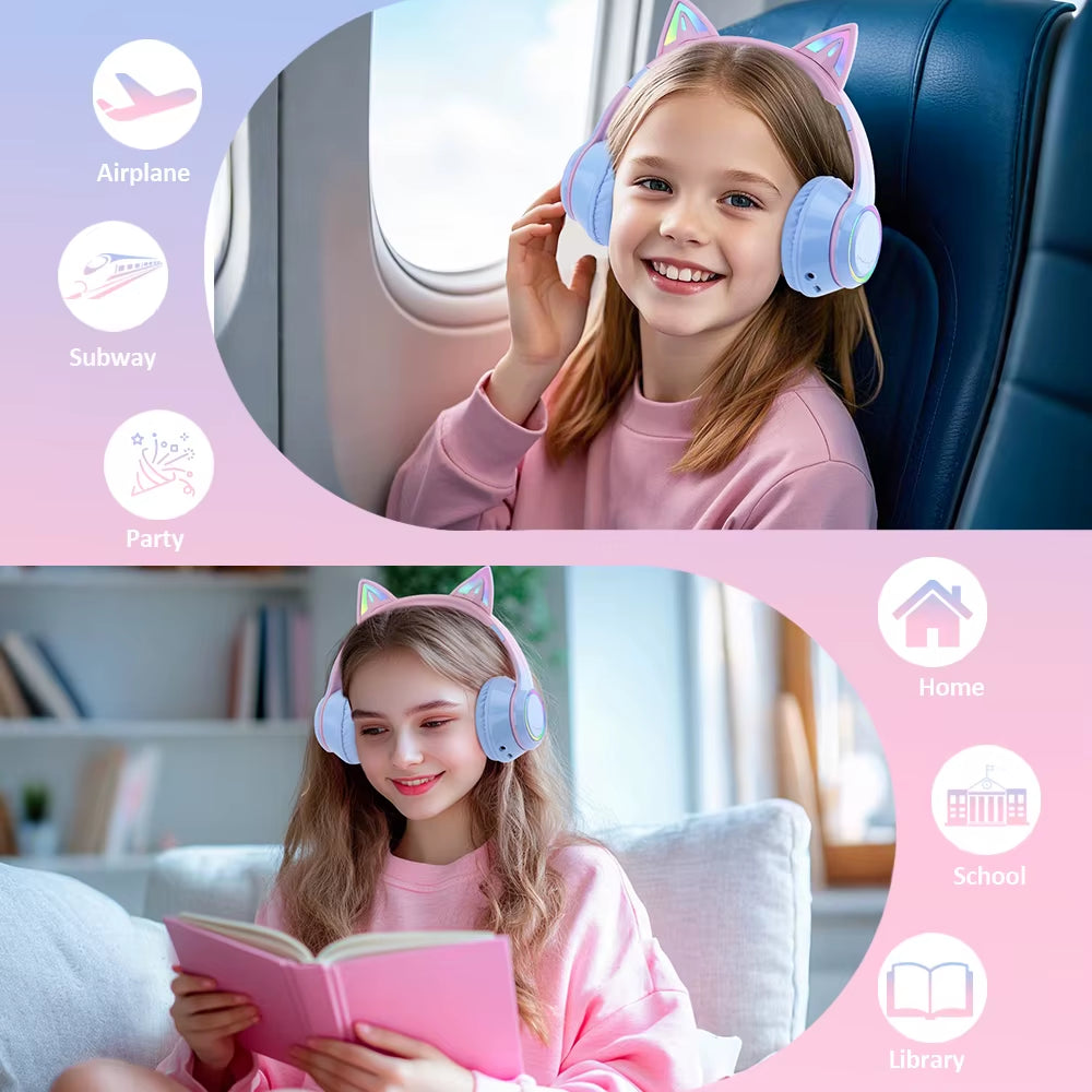 RGB Cat Ear Bluetooth Headphones for Girls Gradient Wireless Headphones with Microphone Stereo Music Game Earphones Kids Gifts
