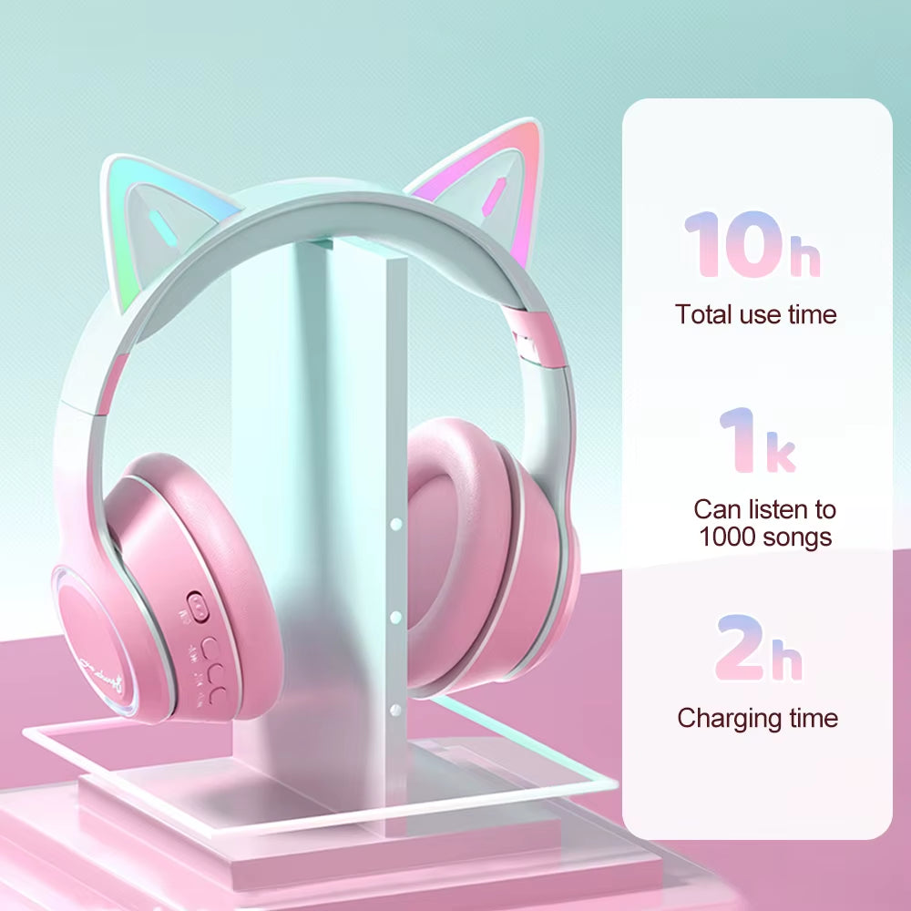 RGB Cat Ear Bluetooth Headphones for Girls Gradient Wireless Headphones with Microphone Stereo Music Game Earphones Kids Gifts