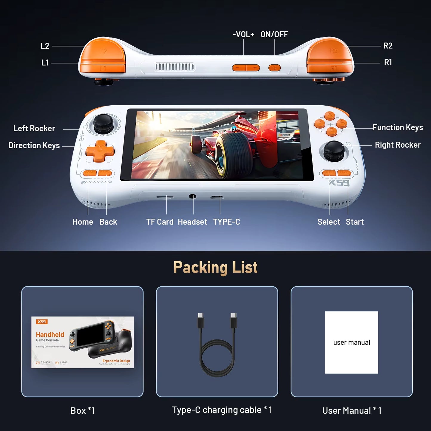 FLLAPT NEW K59 Handheld Game Console 5.5'' 1080P Screen 50 Emulators for PS1/PSP/DC/SS Android14 5000Mah WIFI5 Retro Game Player