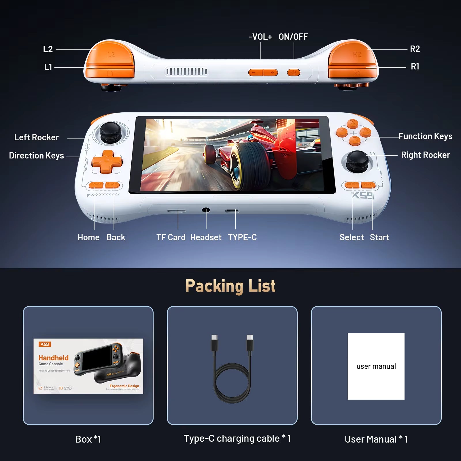 FLLAPT NEW K59 Handheld Game Console 5.5'' 1080P Screen 50 Emulators for PS1/PSP/DC/SS Android14 5000Mah WIFI5 Retro Game Player