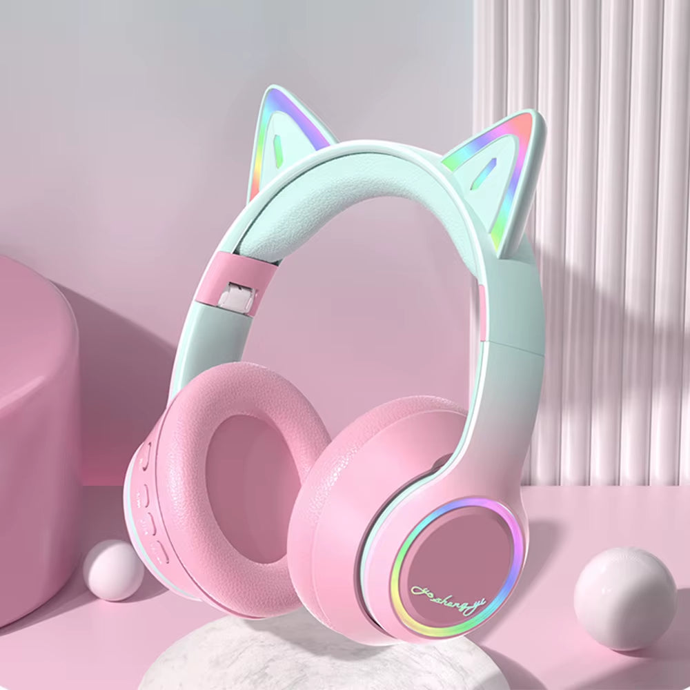 RGB Cat Ear Bluetooth Headphones for Girls Gradient Wireless Headphones with Microphone Stereo Music Game Earphones Kids Gifts