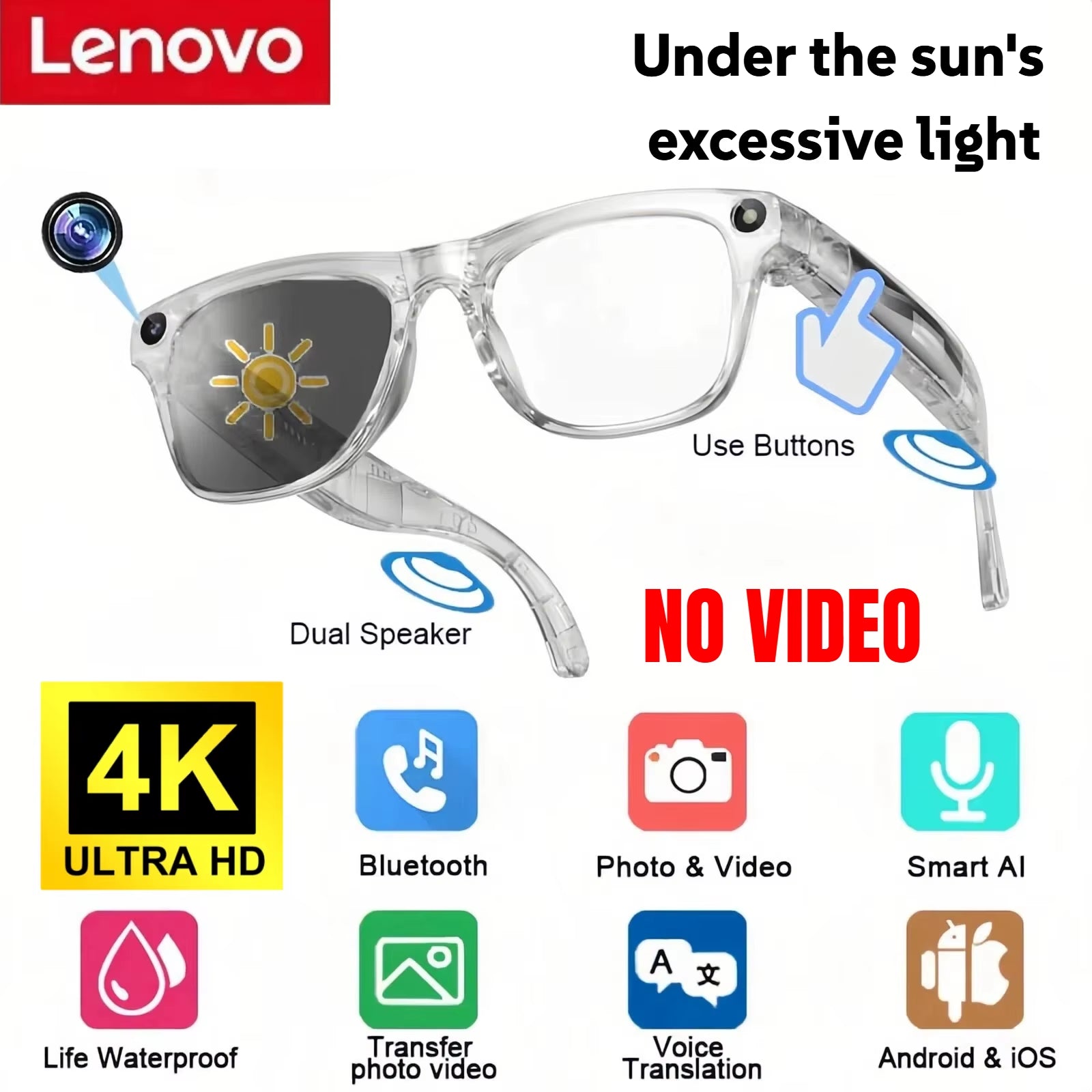 8K 4K AI HD Shooting Smart Glasses Multifunctional Camera Bluetooth Call Music Voiceplayer Translate Photochromic Glasses