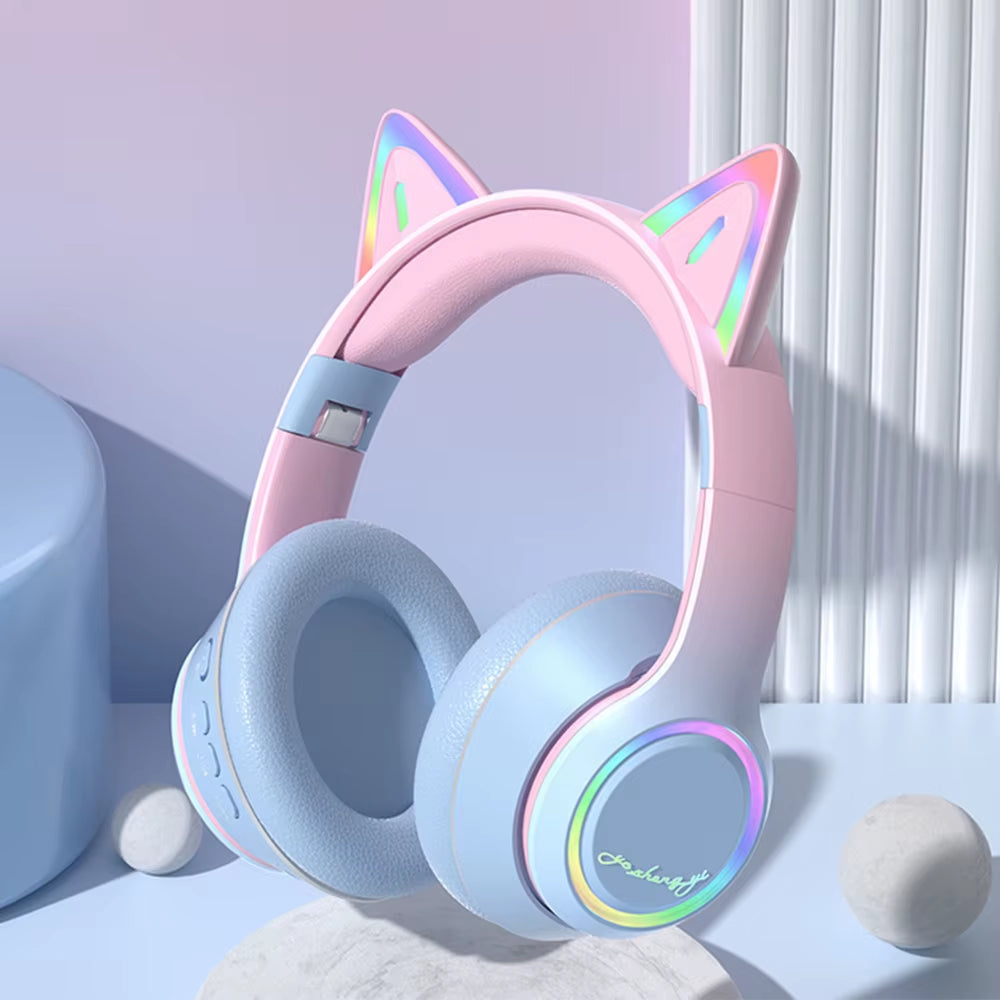 RGB Cat Ear Bluetooth Headphones for Girls Gradient Wireless Headphones with Microphone Stereo Music Game Earphones Kids Gifts