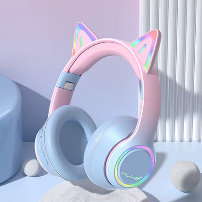 RGB Cat Ear Bluetooth Headphones for Girls Gradient Wireless Headphones with Microphone Stereo Music Game Earphones Kids Gifts