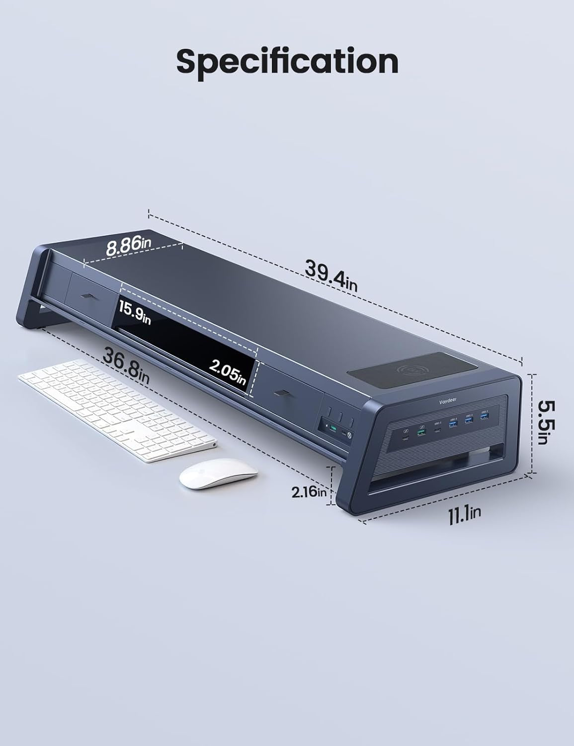 All-In-One Dual Monitor Stand Riser with 2 Drawers, 8 USB Ports (4 Fast Charging, 4 for Data Transfer), Wireless Charging Pad and LED Light Strip, Desk Organizer for Pc/Imac (Metal, 39.3 Inches)