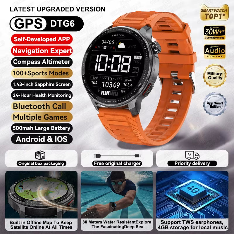 NEW GPS Offline Maps Smart Watch 1.43" AMOLED Military Sports Smartwatch 4GB Memory Video Player 30M Swim Waterproof Bracelet