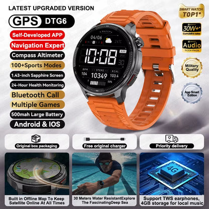 NEW GPS Offline Maps Smart Watch 1.43" AMOLED Military Sports Smartwatch 4GB Memory Video Player 30M Swim Waterproof Bracelet