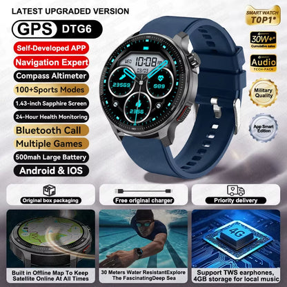NEW GPS Offline Maps Smart Watch 1.43" AMOLED Military Sports Smartwatch 4GB Memory Video Player 30M Swim Waterproof Bracelet