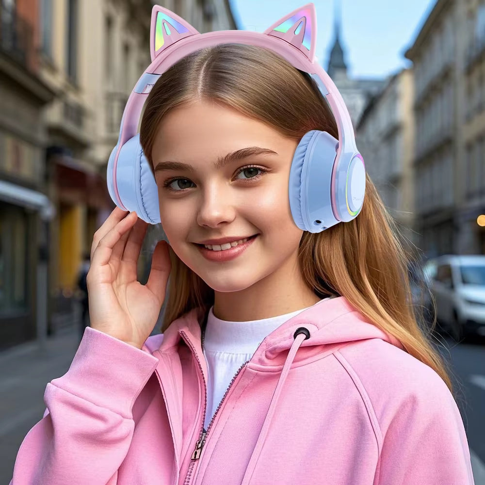 RGB Cat Ear Bluetooth Headphones for Girls Gradient Wireless Headphones with Microphone Stereo Music Game Earphones Kids Gifts