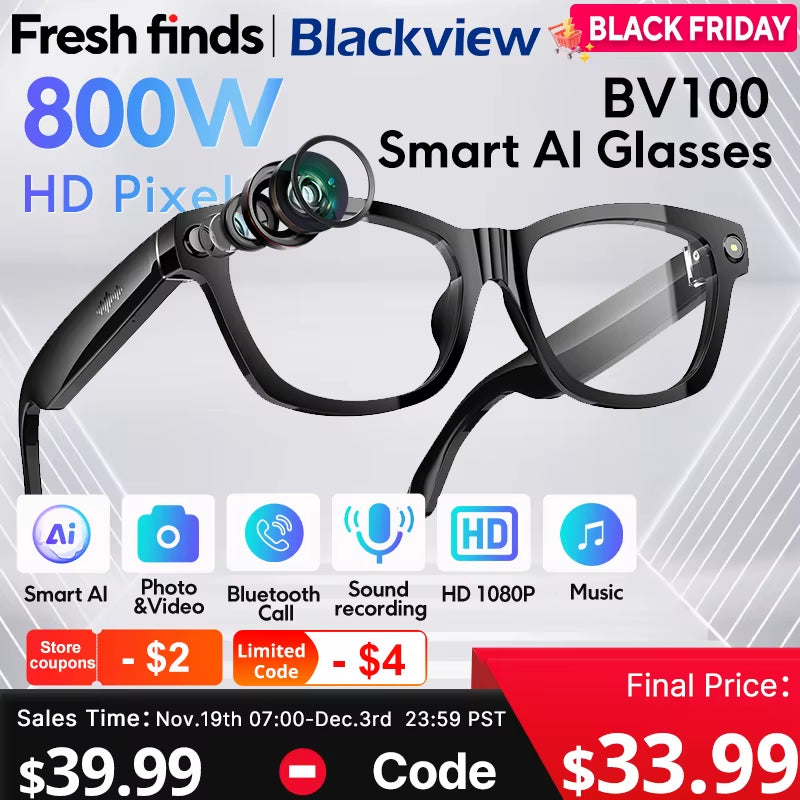 NEW  BV100 AI Shooting Glasses 2K HD 800W Pixels Camera Bluetooth Call Voice Assistant Smart Glasses
