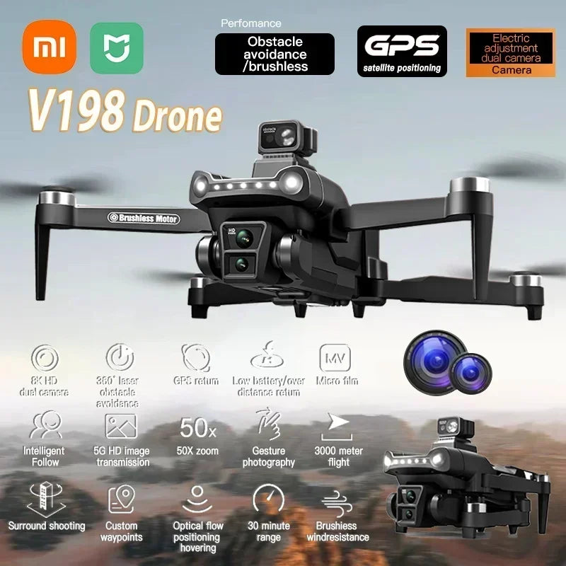 New! V198 GPS Drone for Xiaomi with 8K Professional HD Camera 5G Wifi Obstacle Avoidance Optical Flow Brushless Foldable Quadcop