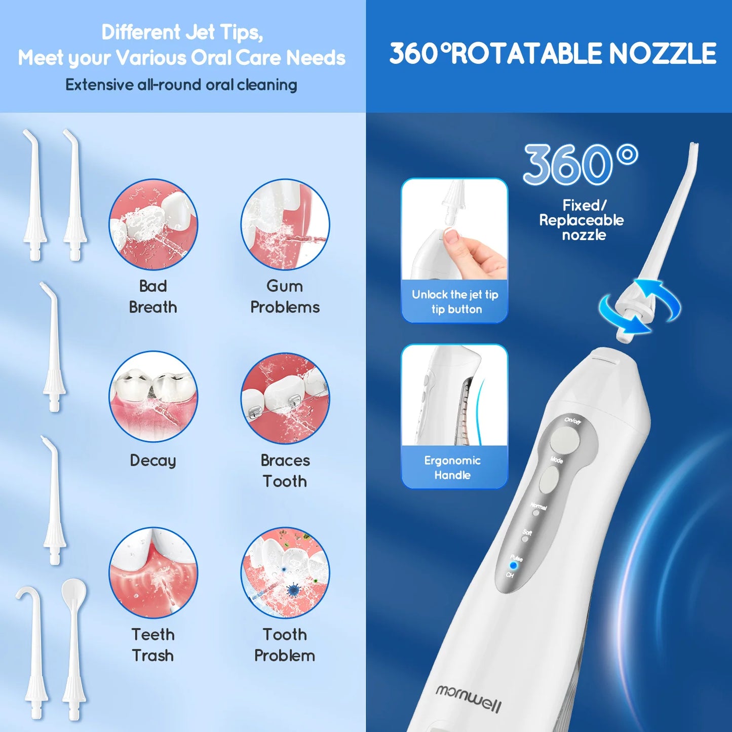 D52 Portable Cordless Water Flosser USB Rechargeable Water Jet Floss Tooth Pick 4 Jet Tip 300Ml 3 Modes Teeth Clean for Travel