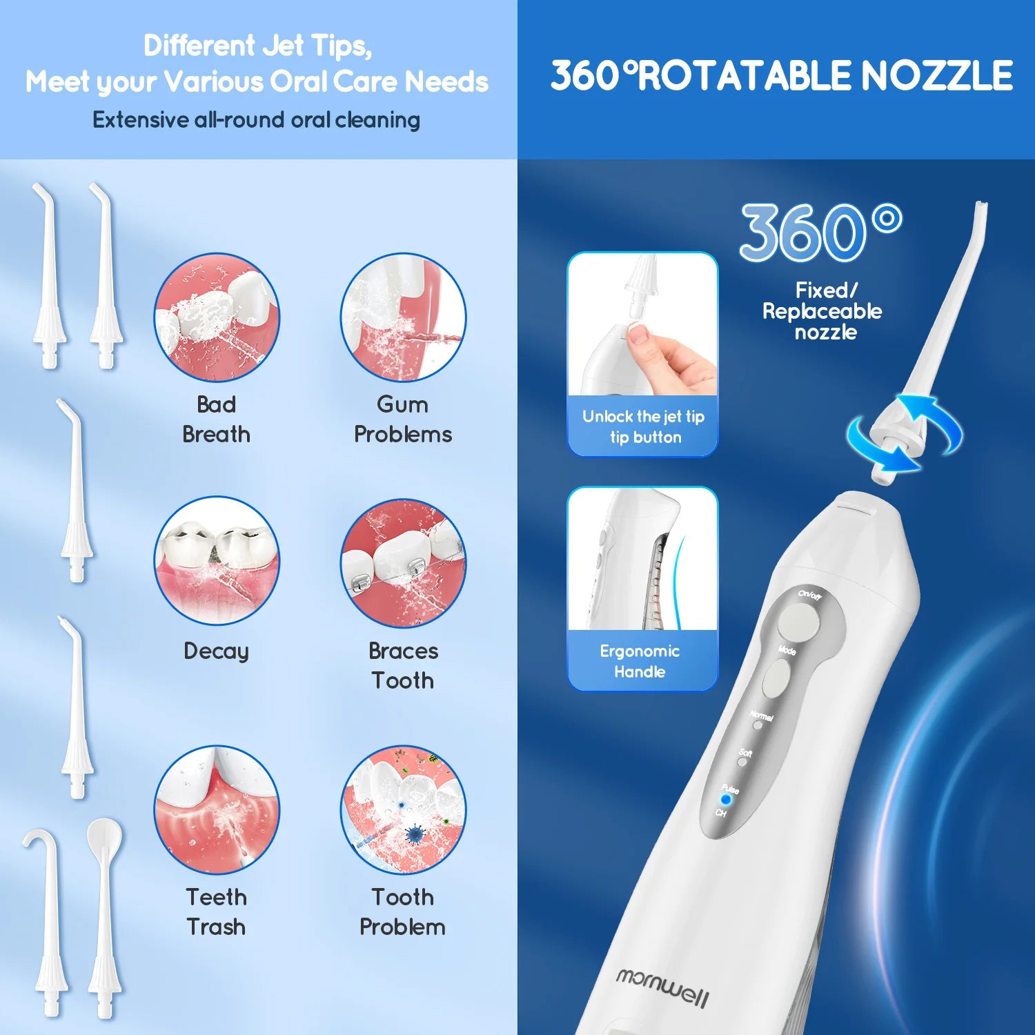 D52 Portable Cordless Water Flosser USB Rechargeable Water Jet Floss Tooth Pick 4 Jet Tip 300Ml 3 Modes Teeth Clean for Travel