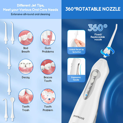 D52 Portable Cordless Water Flosser USB Rechargeable Water Jet Floss Tooth Pick 4 Jet Tip 300Ml 3 Modes Teeth Clean for Travel