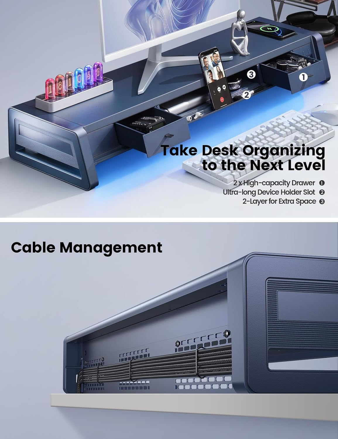 All-In-One Dual Monitor Stand Riser with 2 Drawers, 8 USB Ports (4 Fast Charging, 4 for Data Transfer), Wireless Charging Pad and LED Light Strip, Desk Organizer for Pc/Imac (Metal, 39.3 Inches)