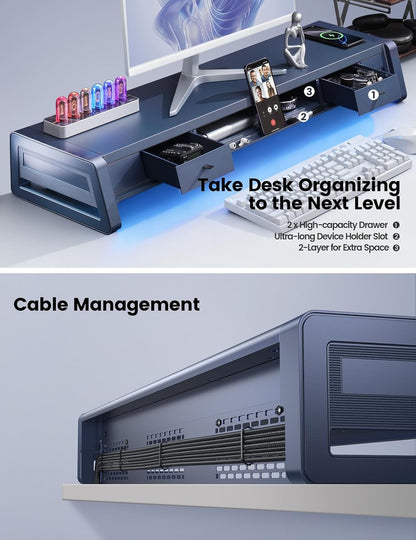 All-In-One Dual Monitor Stand Riser with 2 Drawers, 8 USB Ports (4 Fast Charging, 4 for Data Transfer), Wireless Charging Pad and LED Light Strip, Desk Organizer for Pc/Imac (Metal, 39.3 Inches)