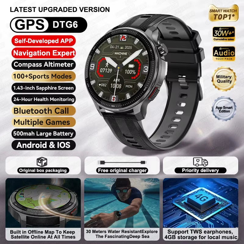 NEW GPS Offline Maps Smart Watch 1.43" AMOLED Military Sports Smartwatch 4GB Memory Video Player 30M Swim Waterproof Bracelet