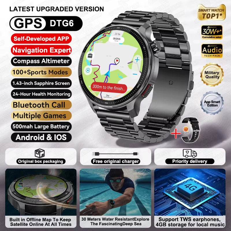 NEW GPS Offline Maps Smart Watch 1.43" AMOLED Military Sports Smartwatch 4GB Memory Video Player 30M Swim Waterproof Bracelet