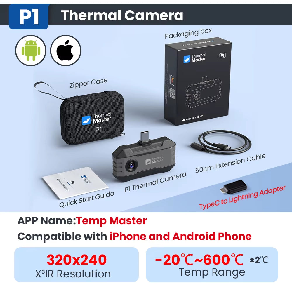 P1 Thermal Camera 320*240 X³IR Resolution for Ios and Android Phone 600℃ High Temp Measurement Range 25Hz for Hvac Inspect