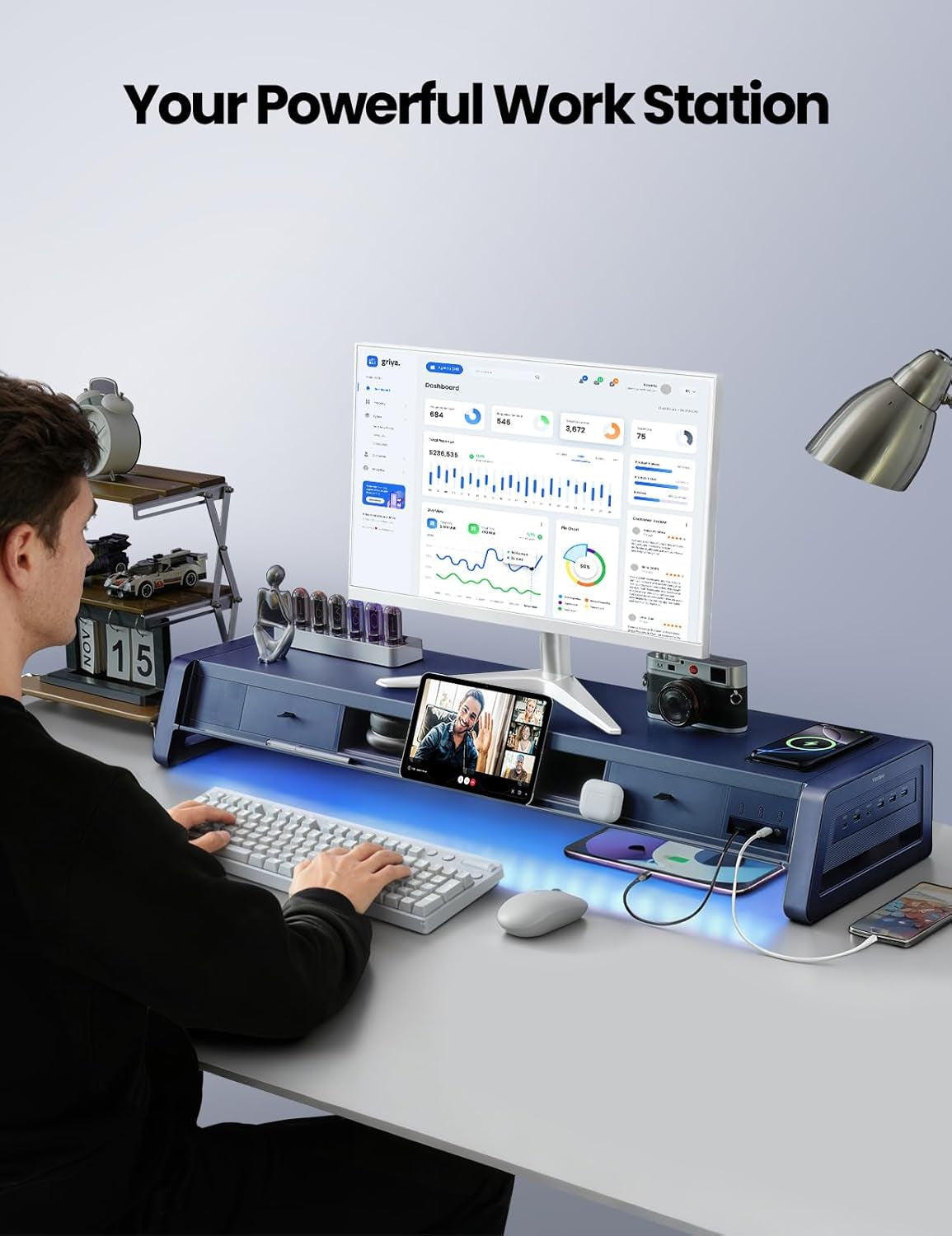 All-In-One Dual Monitor Stand Riser with 2 Drawers, 8 USB Ports (4 Fast Charging, 4 for Data Transfer), Wireless Charging Pad and LED Light Strip, Desk Organizer for Pc/Imac (Metal, 39.3 Inches)