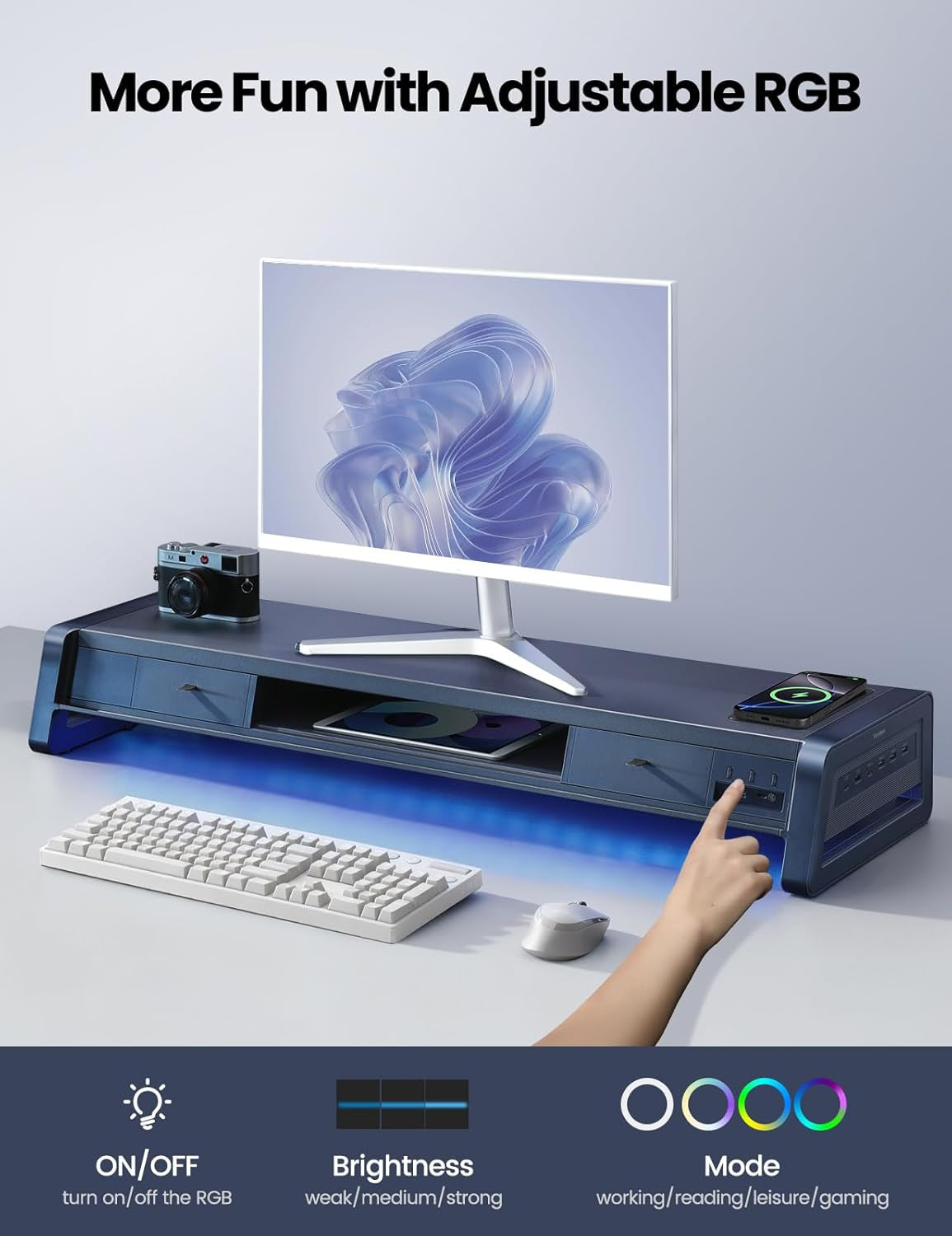 All-In-One Dual Monitor Stand Riser with 2 Drawers, 8 USB Ports (4 Fast Charging, 4 for Data Transfer), Wireless Charging Pad and LED Light Strip, Desk Organizer for Pc/Imac (Metal, 39.3 Inches)