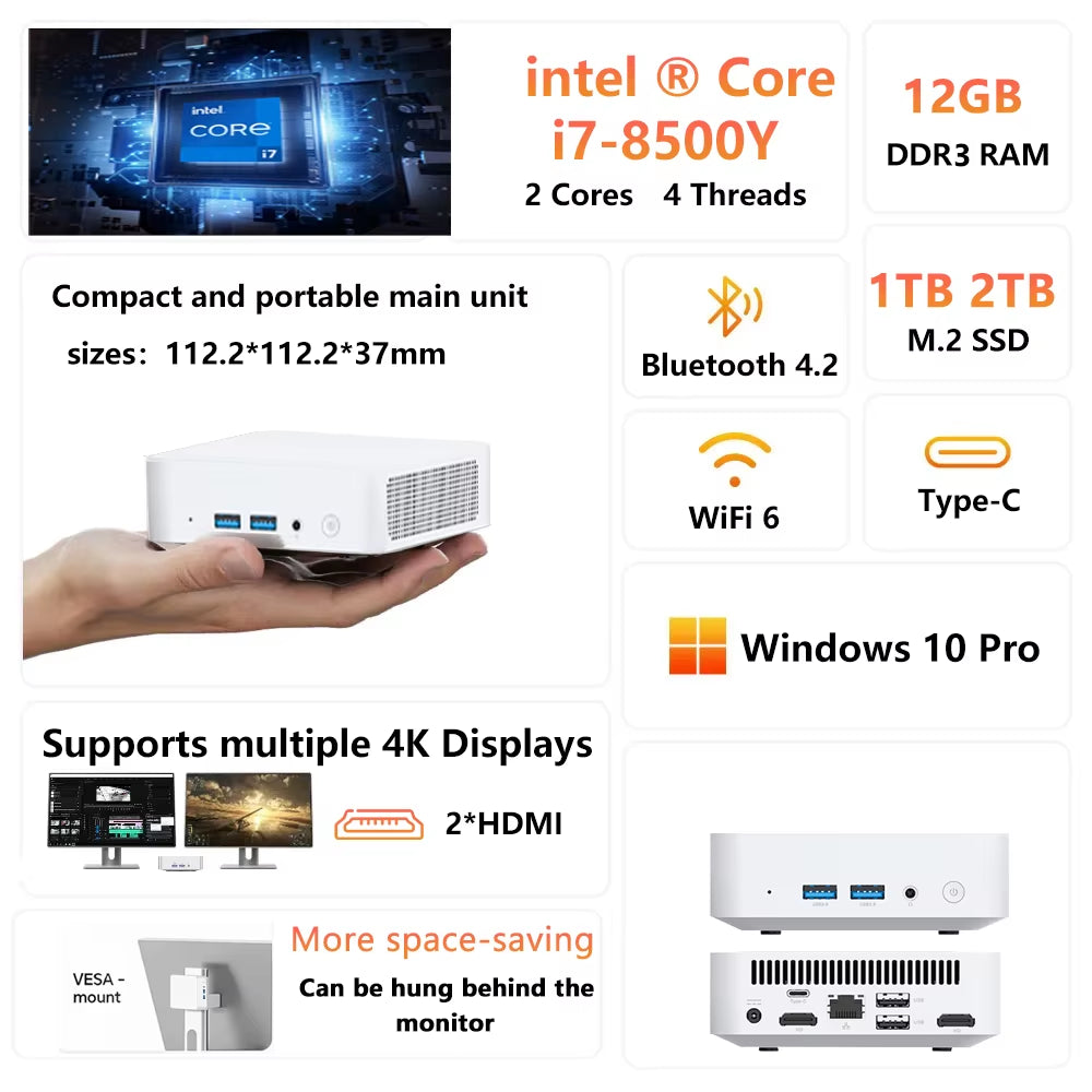 2025 Mini PC Intel Core I7 8500Y Windows 10 12GB DDR3 1TB 2TB SSD Gamer Pc Desktop Dual WIFI 6 BT4.2 Mini Gaming Pc 4K HD