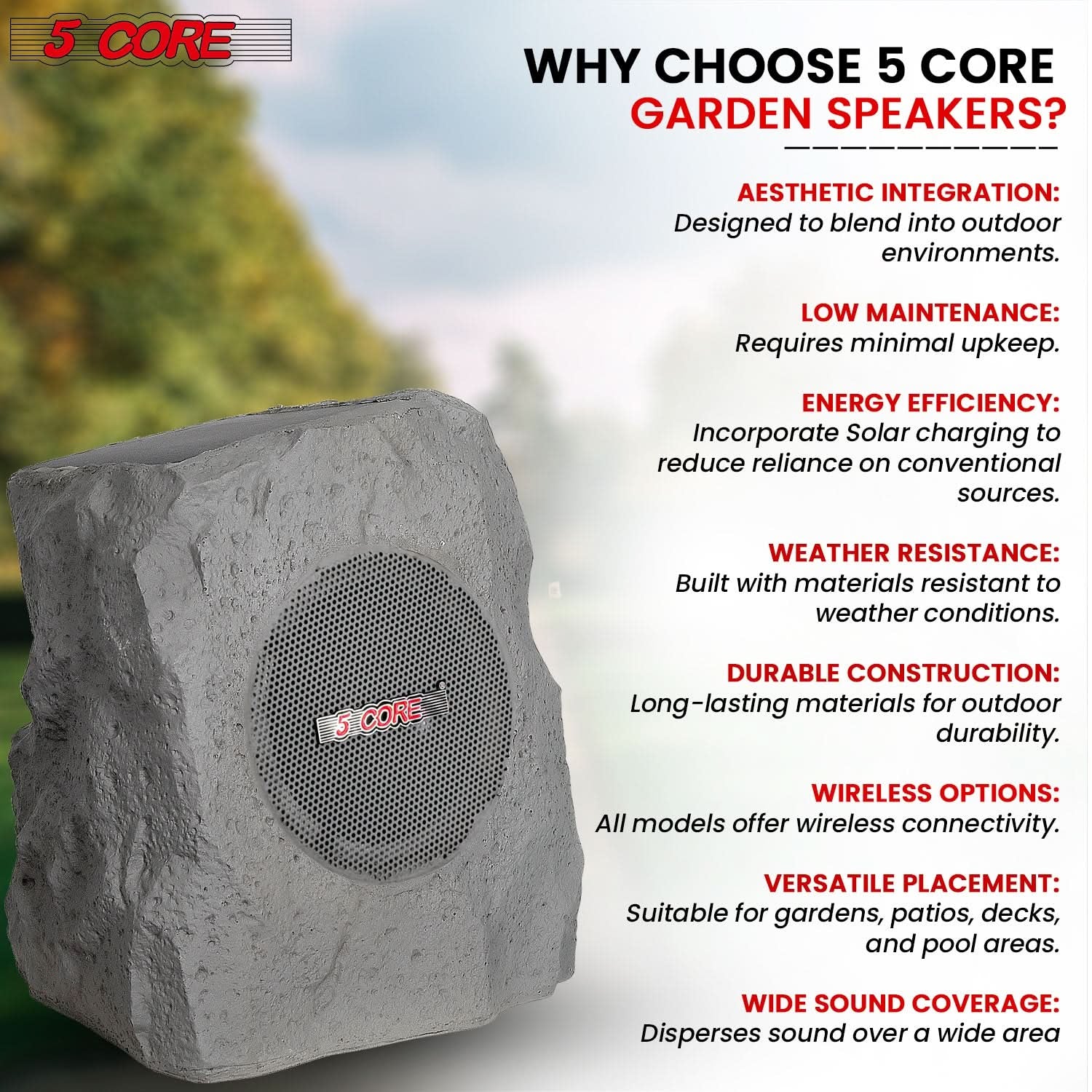5Core Outdoor Wireless Speakers Bluetooth Rock Waterproof Linkable TWS Garden Speaker GRAY 1 PC