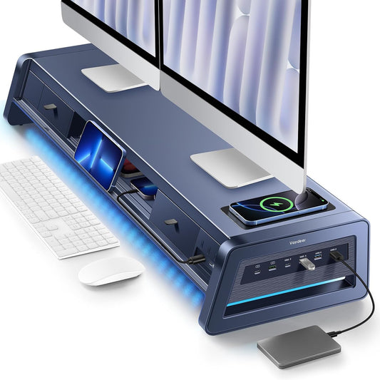 All-In-One Dual Monitor Stand Riser with 2 Drawers, 8 USB Ports (4 Fast Charging, 4 for Data Transfer), Wireless Charging Pad and LED Light Strip, Desk Organizer for Pc/Imac (Metal, 39.3 Inches)