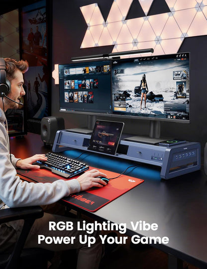 All-In-One Dual Monitor Stand Riser with 2 Drawers, 8 USB Ports (4 Fast Charging, 4 for Data Transfer), Wireless Charging Pad and LED Light Strip, Desk Organizer for Pc/Imac (Metal, 39.3 Inches)