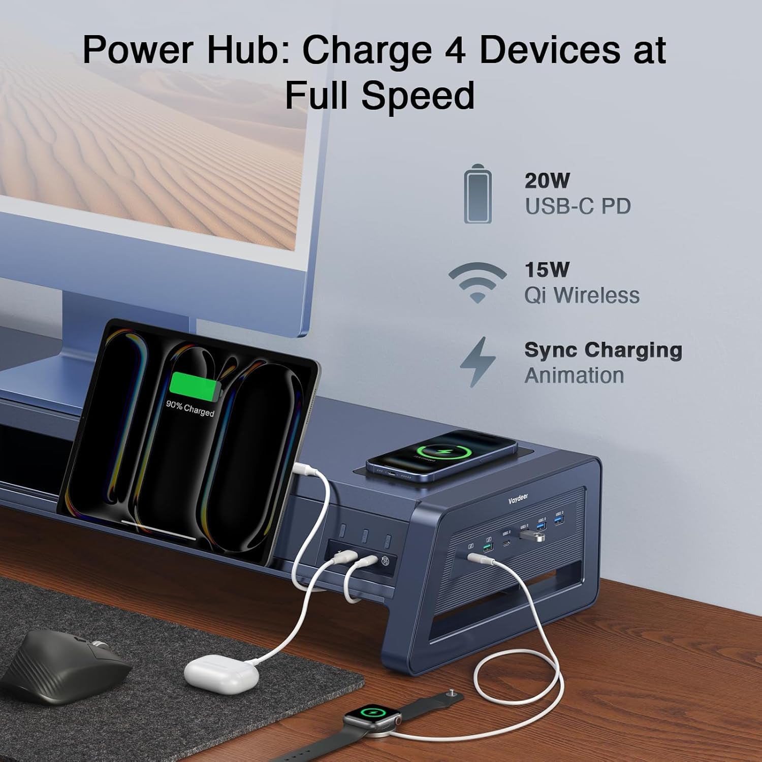 All-In-One Dual Monitor Stand Riser with 2 Drawers, 8 USB Ports (4 Fast Charging, 4 for Data Transfer), Wireless Charging Pad and LED Light Strip, Desk Organizer for Pc/Imac (Metal, 39.3 Inches)