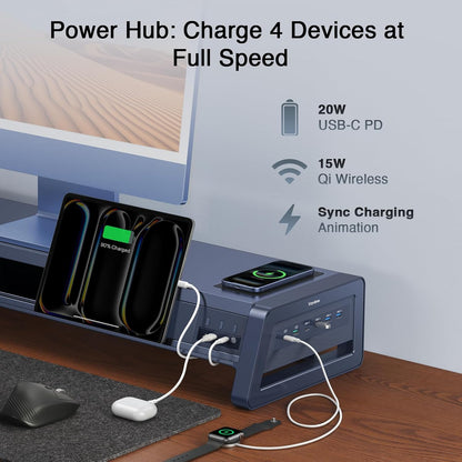 All-In-One Dual Monitor Stand Riser with 2 Drawers, 8 USB Ports (4 Fast Charging, 4 for Data Transfer), Wireless Charging Pad and LED Light Strip, Desk Organizer for Pc/Imac (Metal, 39.3 Inches)