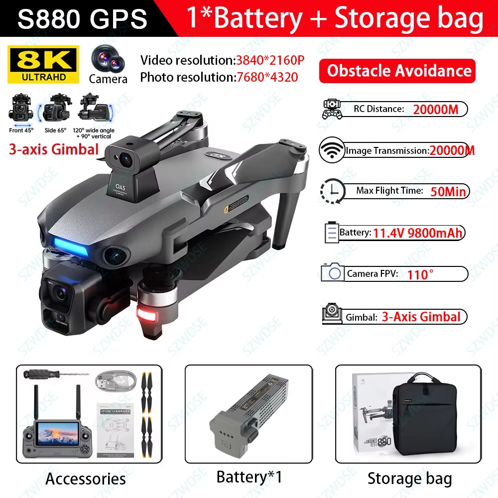 S880 Max Fishing GPS Drone 8K Dual Camera 5G Wifi FPV 3-Axis Gimbal Professional Obstacle Avoidance Quadcopter Airdrop RC Dron