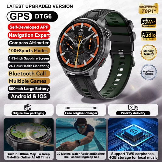 NEW GPS Offline Maps Smart Watch 1.43" AMOLED Military Sports Smartwatch 4GB Memory Video Player 30M Swim Waterproof Bracelet
