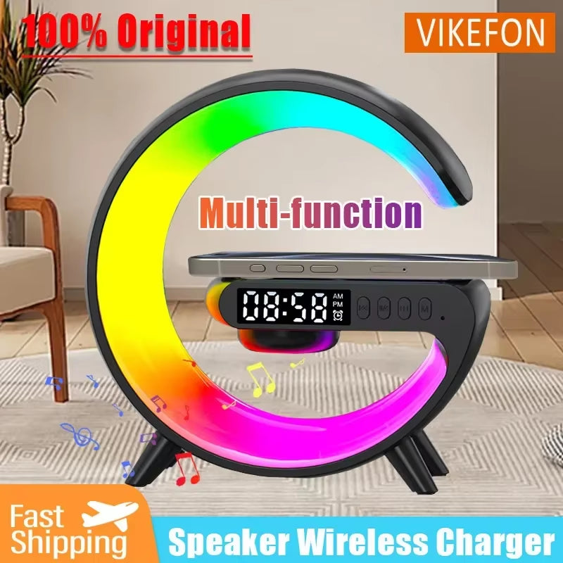 Wireless Charger Stand Pad RGB G Light Alarm Clock Speaker for Iphone 16 15 14 13 Samsung Xiaomi Mini Fast Charging Dock Station