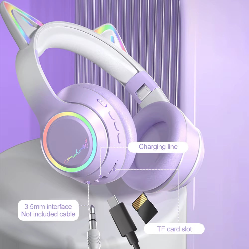 RGB Cat Ear Bluetooth Headphones for Girls Gradient Wireless Headphones with Microphone Stereo Music Game Earphones Kids Gifts
