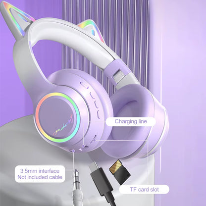 RGB Cat Ear Bluetooth Headphones for Girls Gradient Wireless Headphones with Microphone Stereo Music Game Earphones Kids Gifts